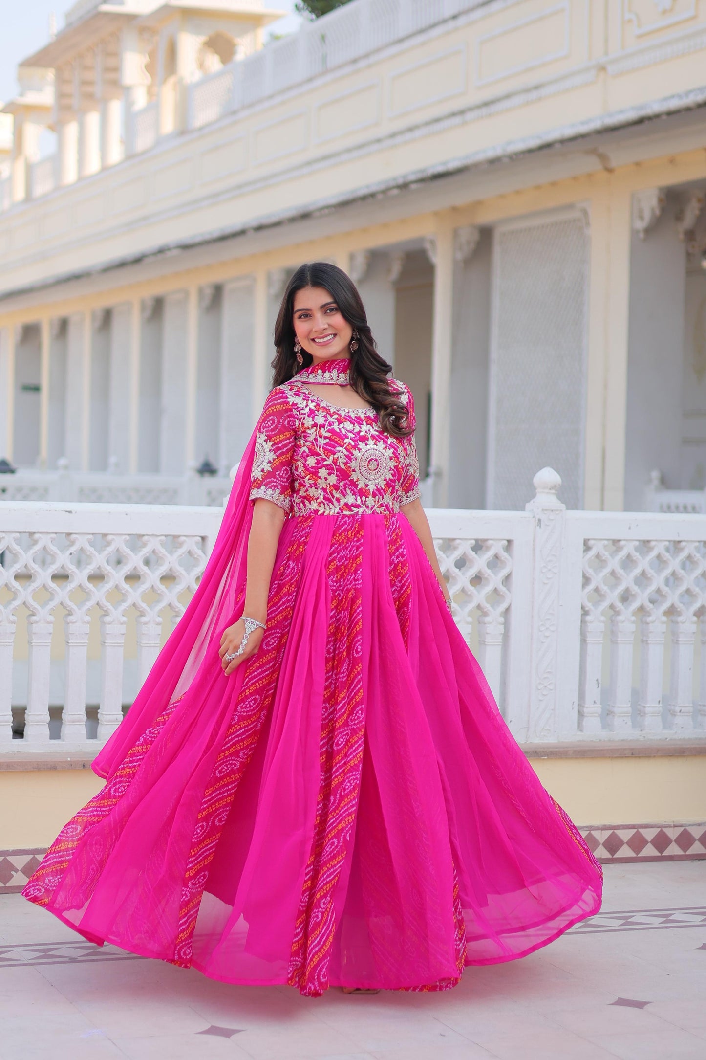 Festival Wear Bandhej Gown & Dupatta in Georgette Fabric in pink color