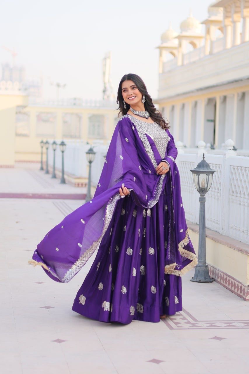 Purple Color Beautiful Anarkali Gown In Gerogette Fabric