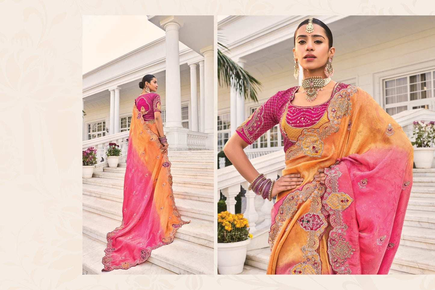 Orange To Rani Natural Crape Jaquard Saree