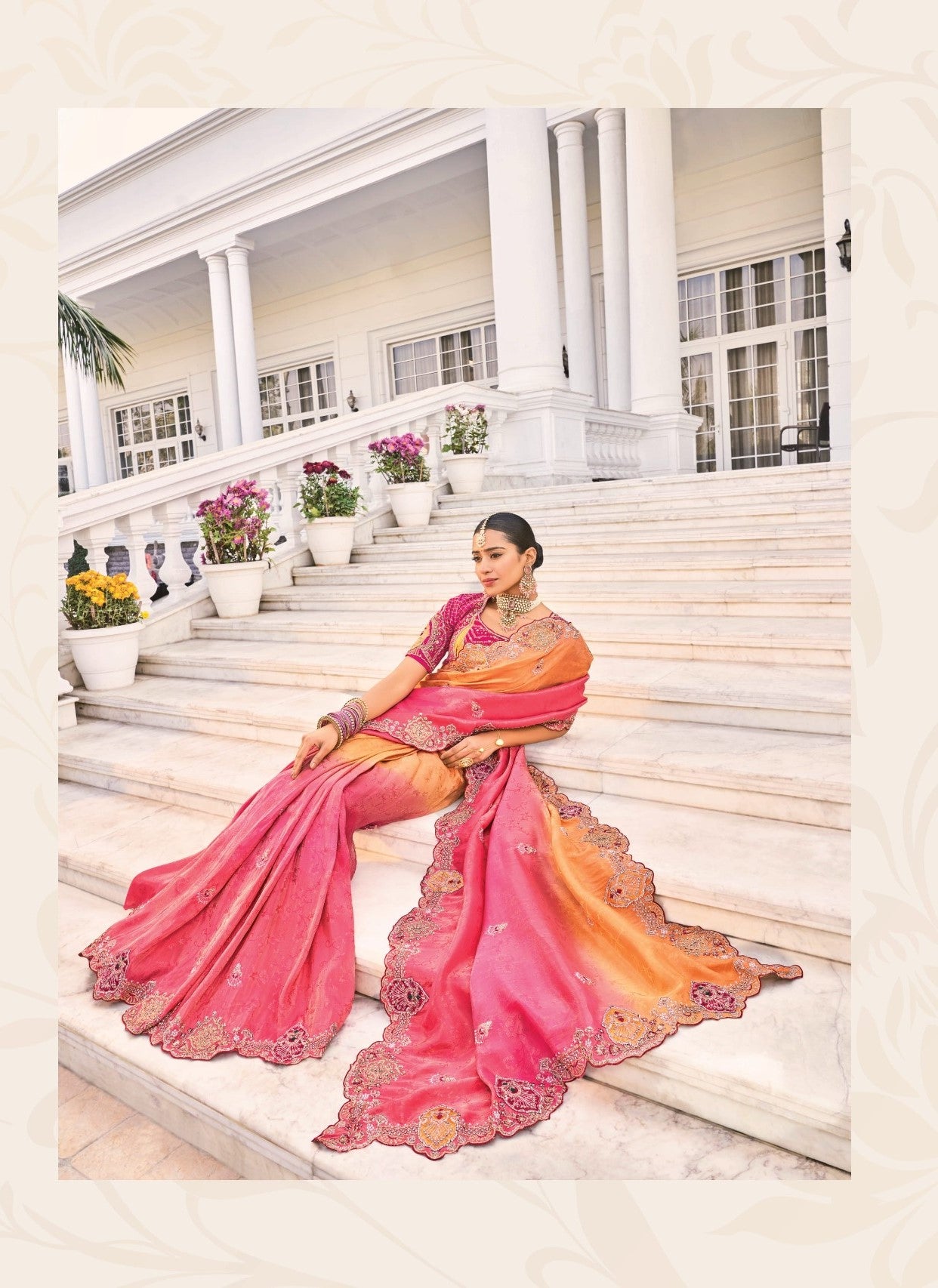 Orange To Rani Natural Crape Jaquard Saree