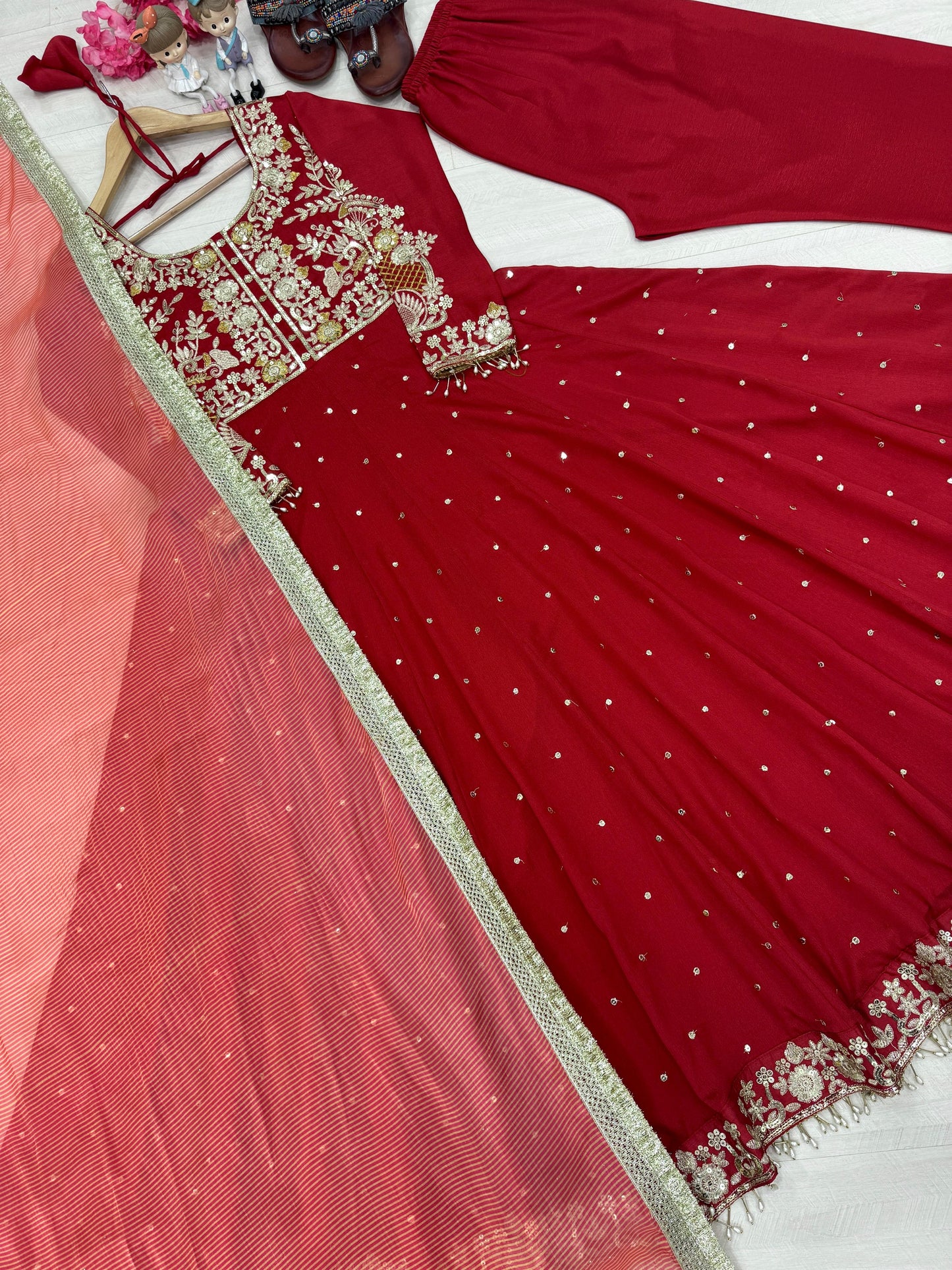 Anarkali Gown in red color in chinon fabric