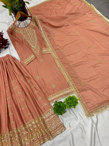 Chinnon With Heavy Embroidery Sequence Work Top-Bottom And Dupatta Set Fully Stitched Ready To Wear