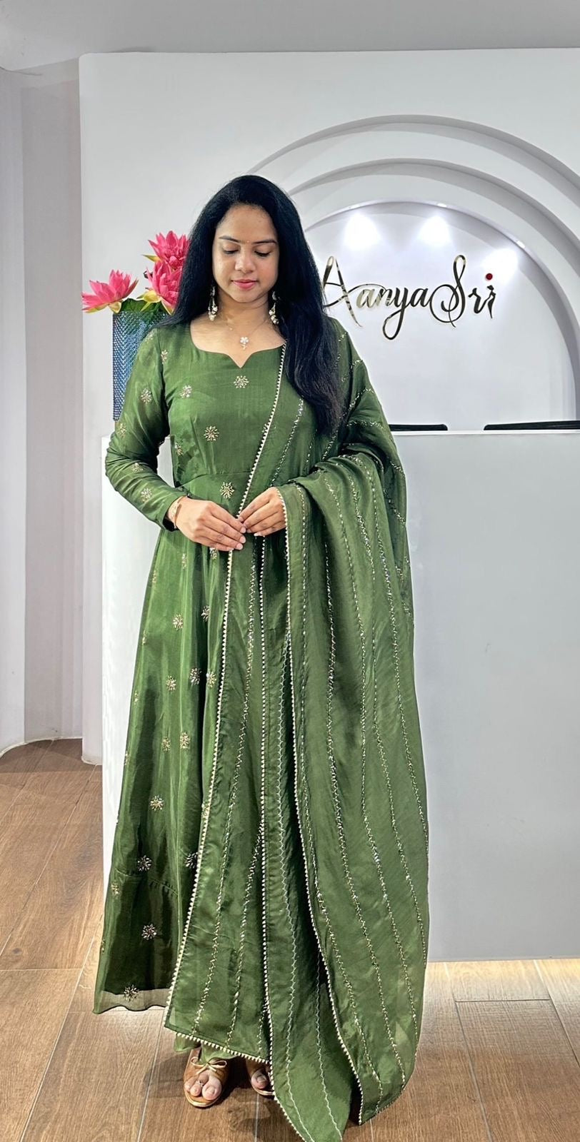 Beautiful Anarkali Gown in Chinon Fabric For Daily Wear Use in Green Color