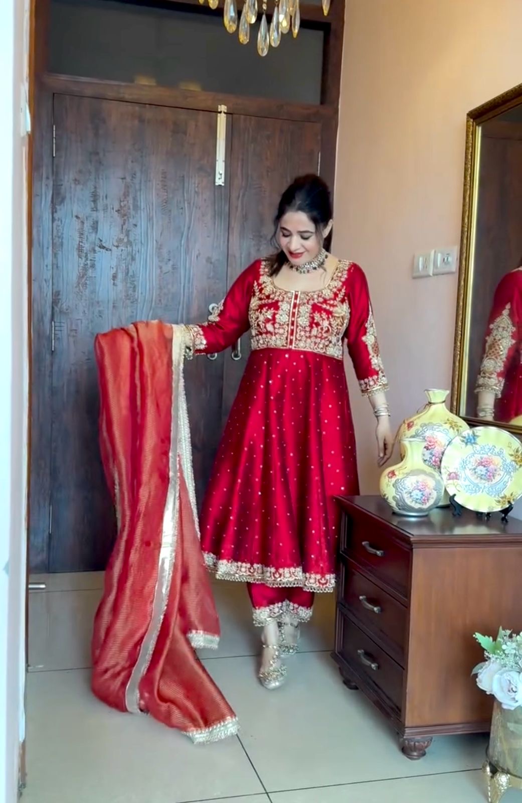 Anarkali Gown in red color in chinon fabric