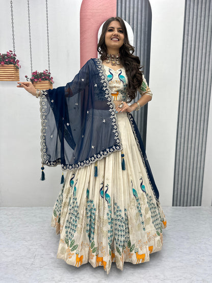 Wedding Wear Lehenga Choli With Cancan In White Cream Color with blue dupatta