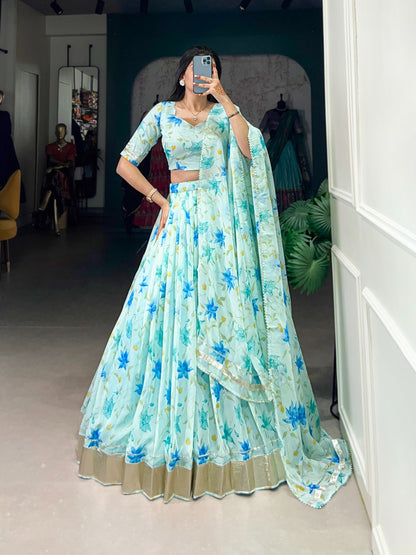 Beautiful Flower Prints Lehenga. Choli In sky blue Color In tabby silk fabric