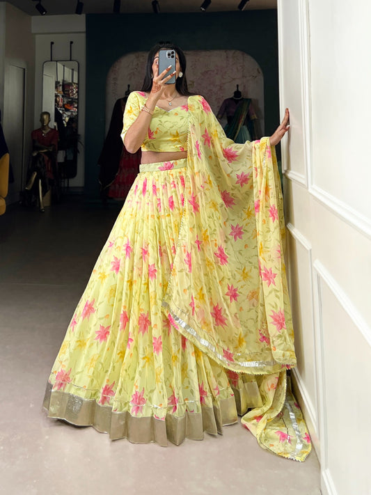 Beautiful Flower Prints Lehenga. Choli In yellow Color In tabby silk fabric