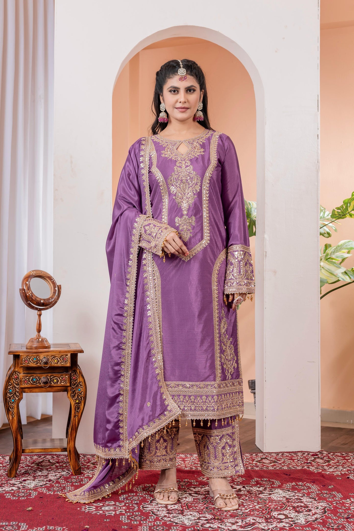 Purple Color Beautiful Partywear Chinon fabric Suit