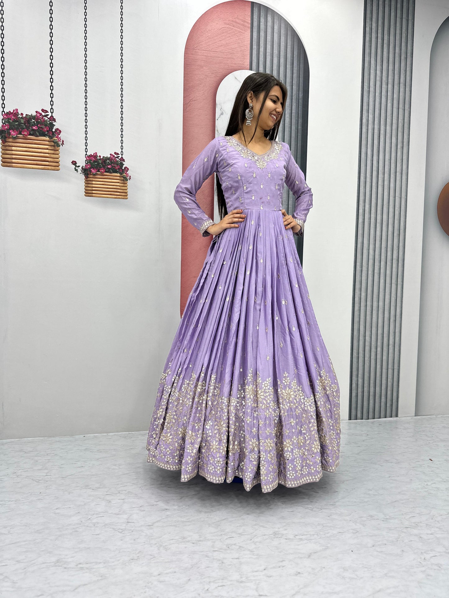 Light Purple Color Beautiful Gown In Chinon Fabric