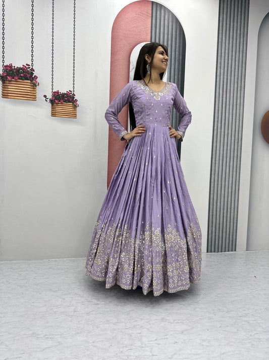 Light Purple Color Beautiful Gown In Chinon Fabric