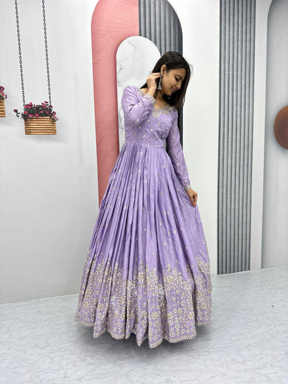 Light Purple Color Beautiful Gown In Chinon Fabric