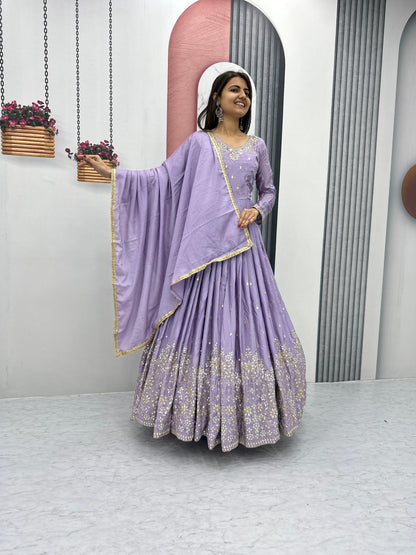 Light Purple Color Beautiful Gown In Chinon Fabric