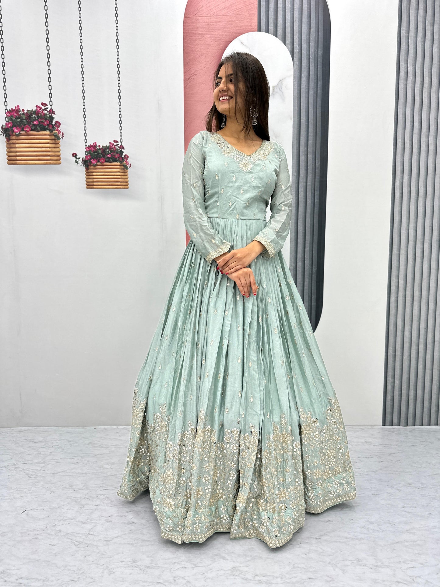 Light Green Color Beautiful Gown In Chinon Fabric