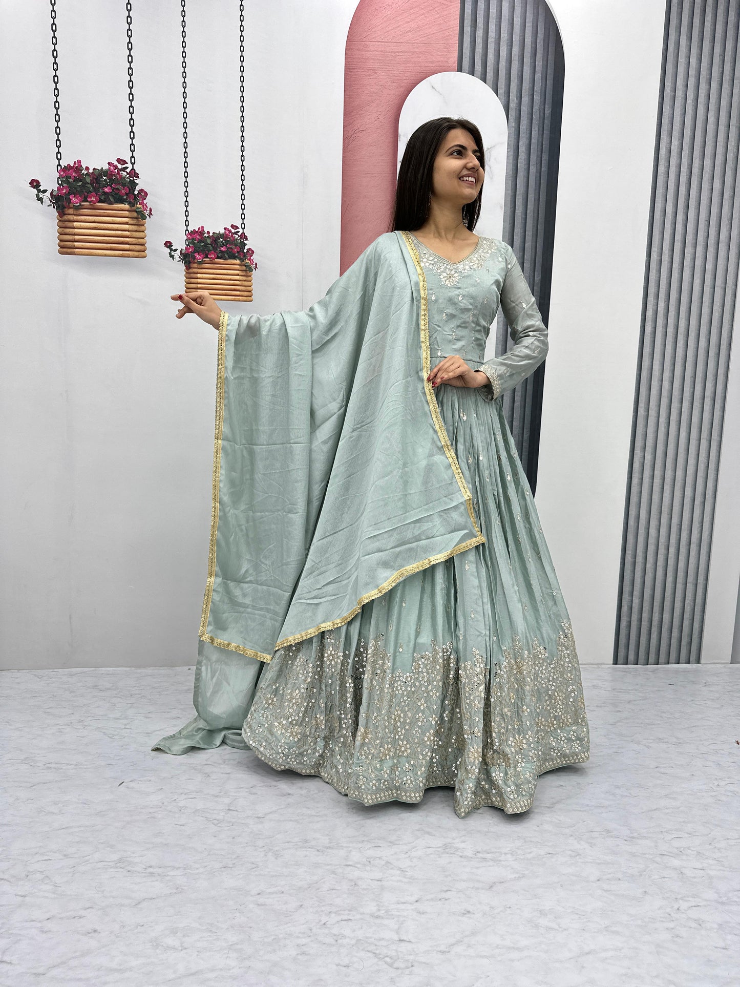 Light Green Color Beautiful Gown In Chinon Fabric