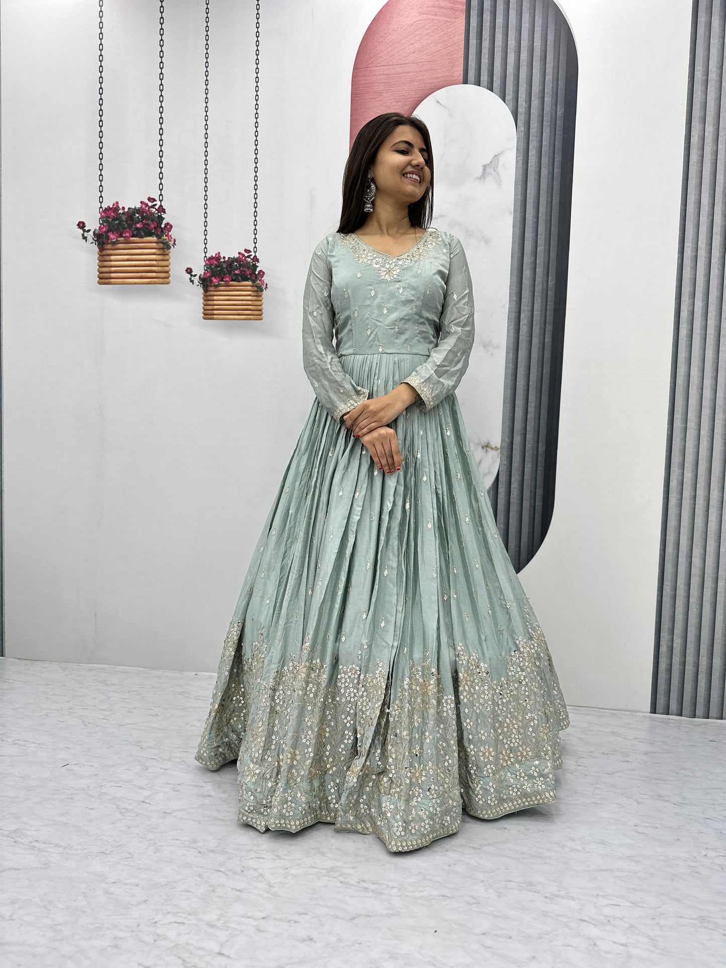 Light Green Color Beautiful Gown In Chinon Fabric