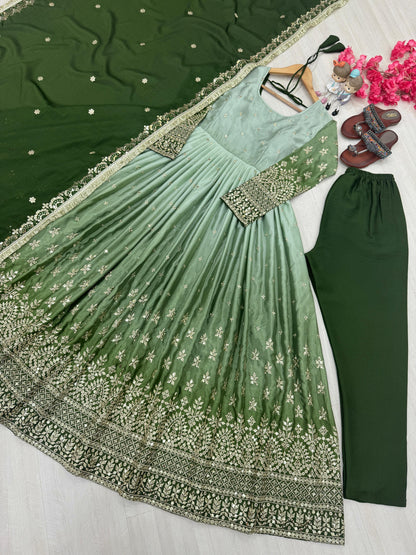 Beautiful Designer Green Color Partywear Dress in Chinon Fabric