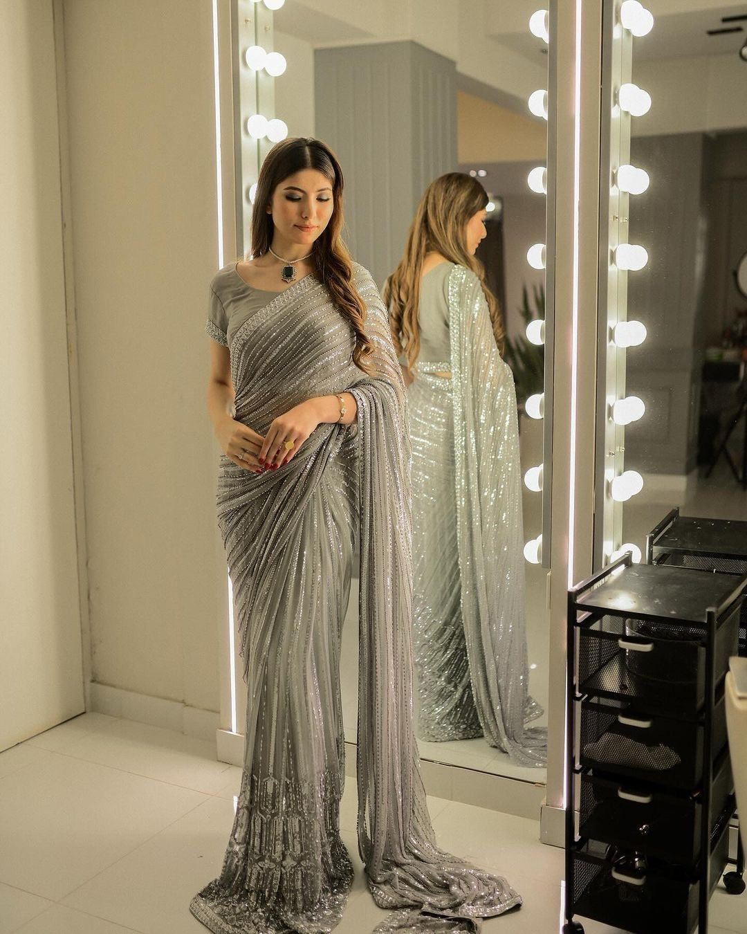 Grey Color Beautiful Partywear Georgette Saree