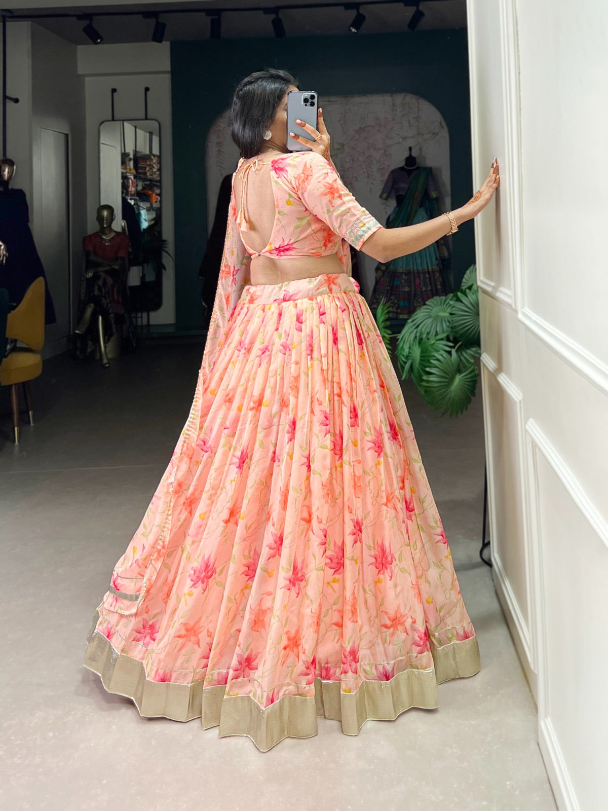 Beautiful Flower Prints Lehenga. Choli In light orange Color In tabby silk fabric