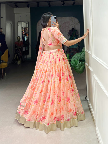 Beautiful Flower Prints Lehenga. Choli In light orange Color In tabby silk fabric