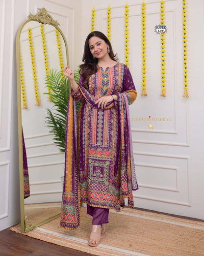 Purple Color Beautiful Chanderi Cotton Fabric Suit in big size