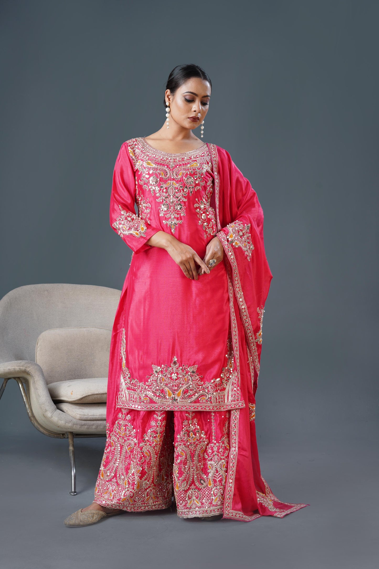 Pink Red Color Partywear Dress in Chinon Fabric Readymade Suit