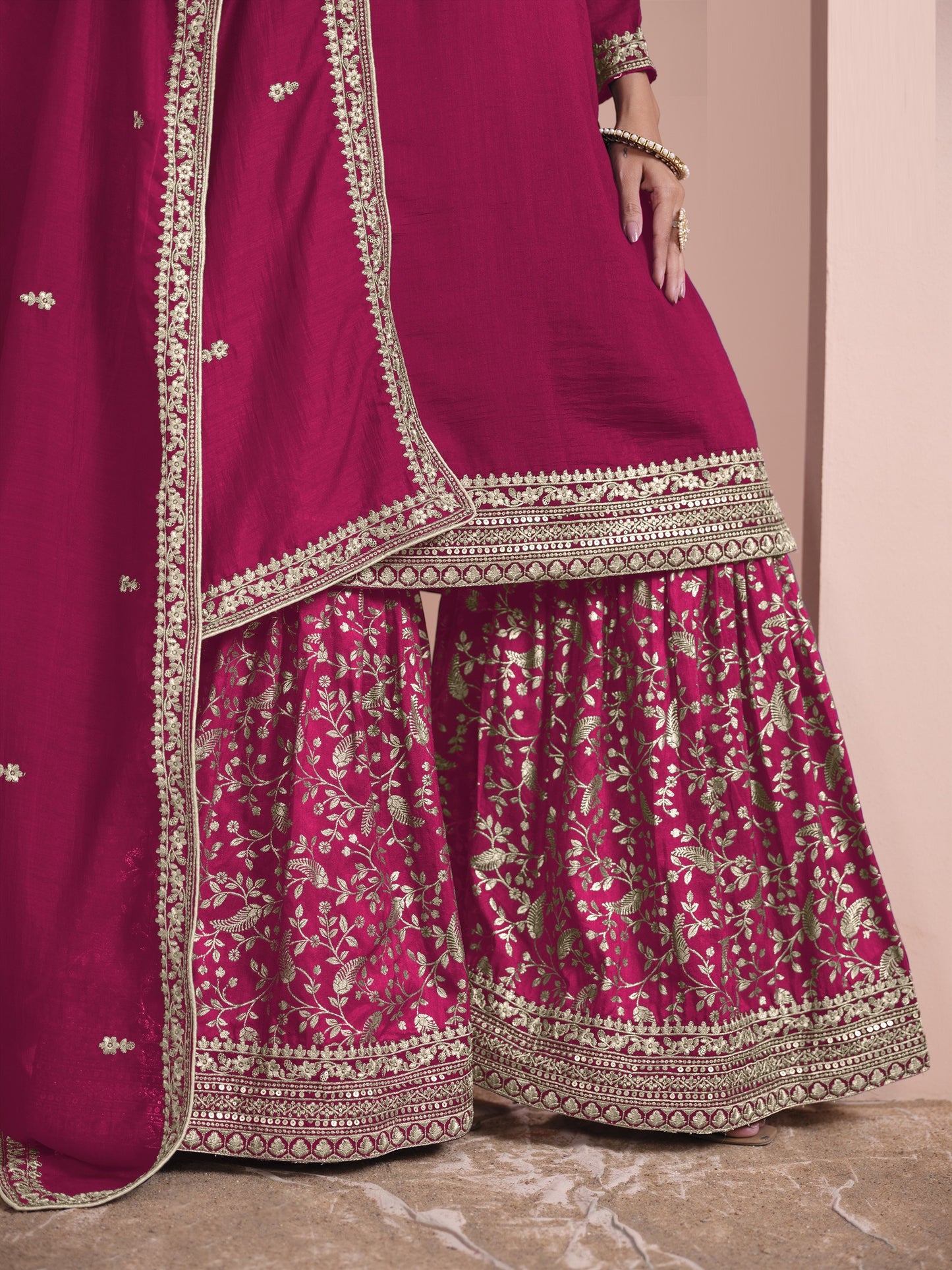 Pink Color Partywear Plazo Suit In Silk Fabric Wedding Function