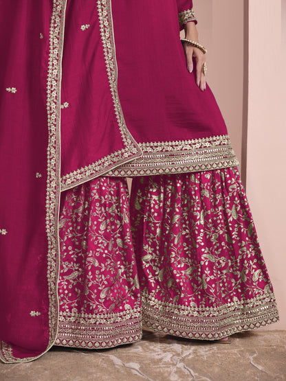 Pink Color Partywear Plazo Suit In Silk Fabric Wedding Function