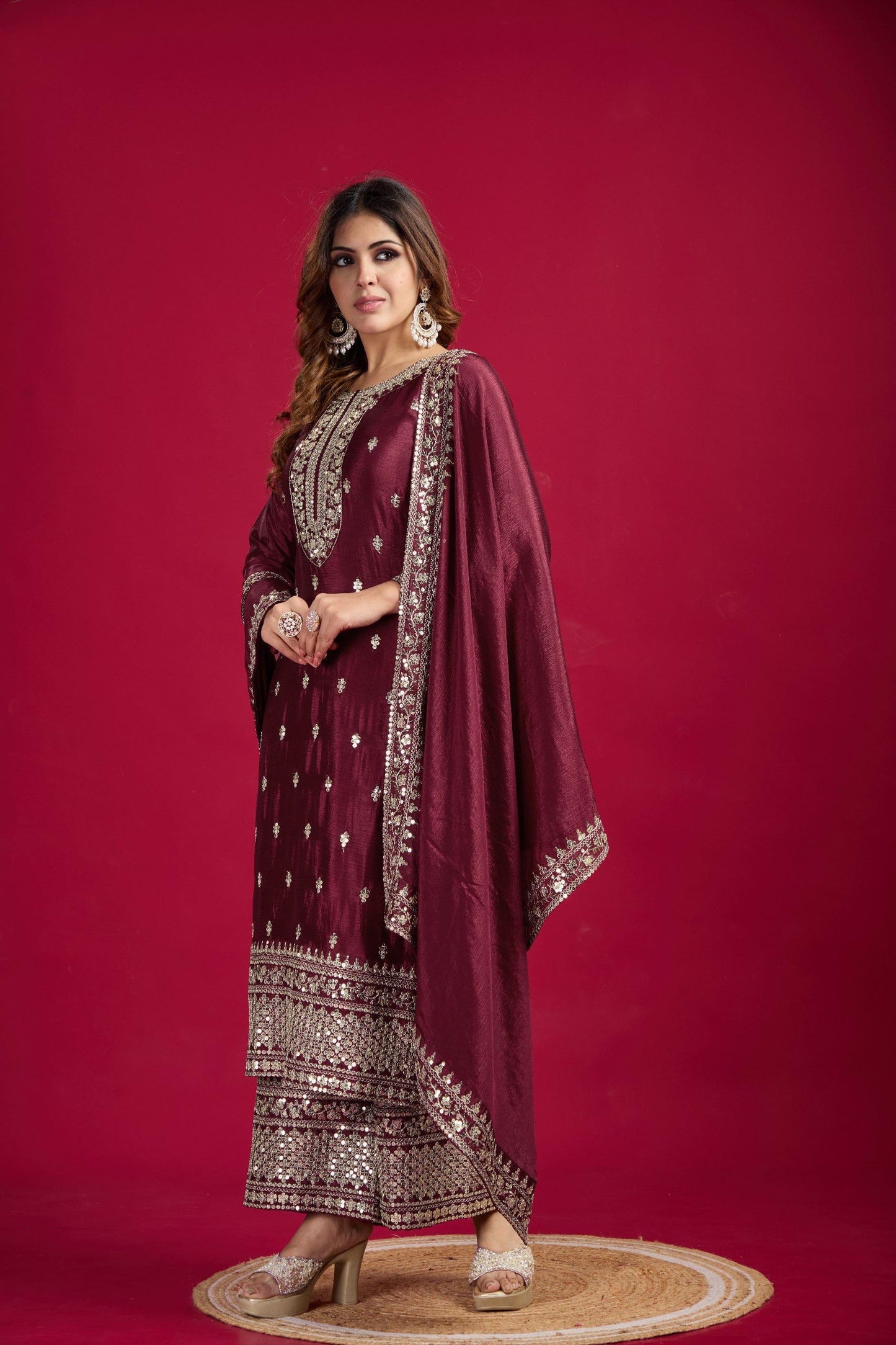 Chinnon And Heavy Embroidery Sequence Work Top-Bottom And Dupatta Set