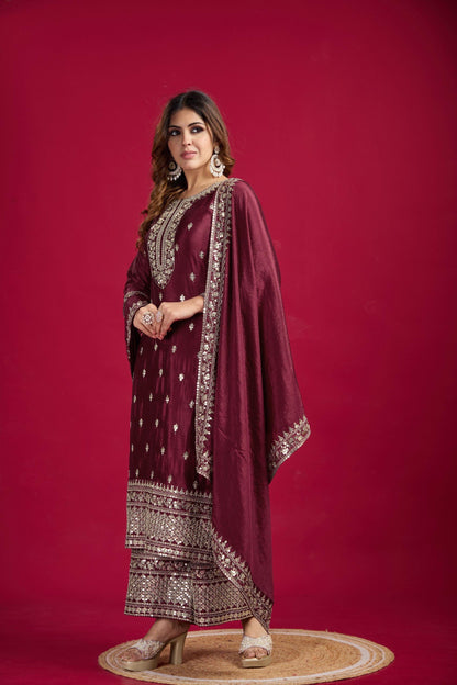 Chinnon And Heavy Embroidery Sequence Work Top-Bottom And Dupatta Set