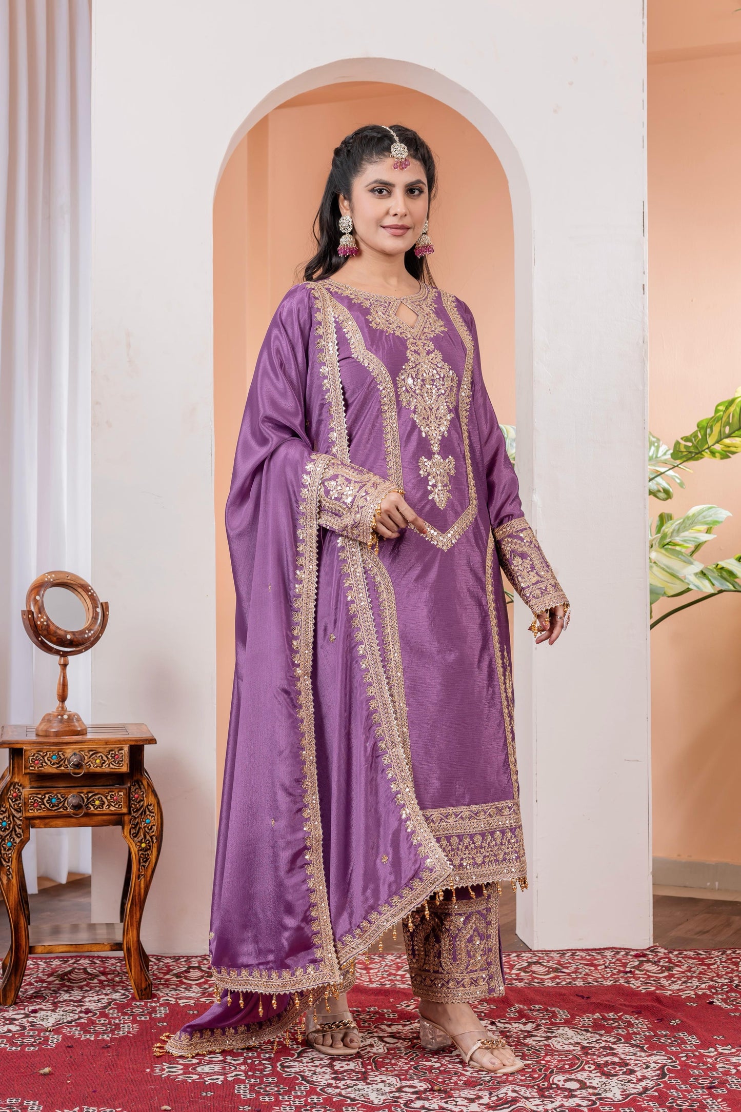 Purple Color Beautiful Partywear Chinon fabric Suit