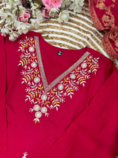 Red color Office Wear Kurta Pent Set with dupatta