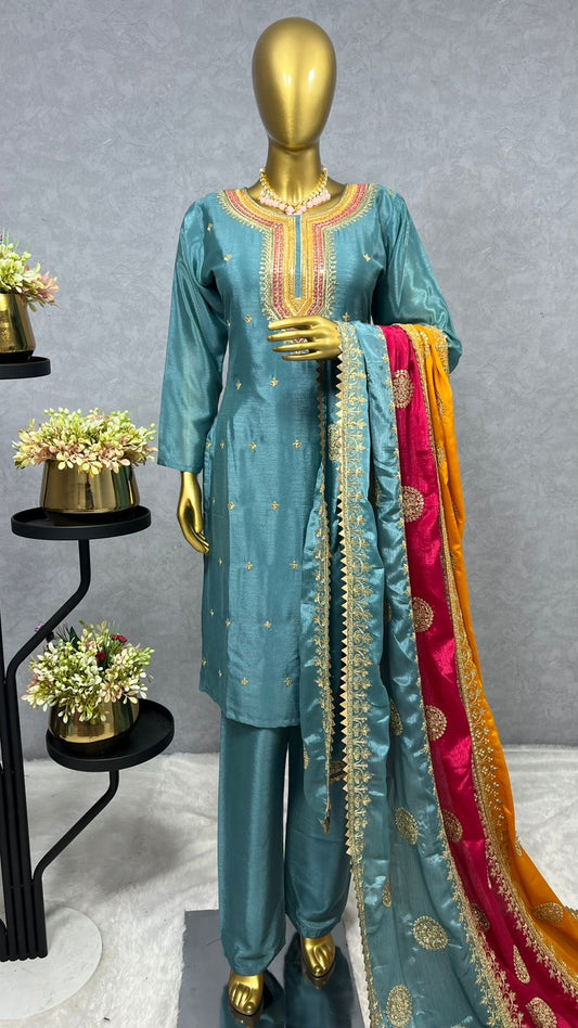 Blue Color Beautiful Partywear Suit In Chinon Fabric