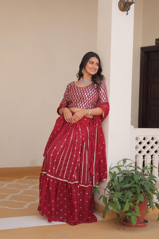 Red Color Beautiful Partywear Lehenga Choli in Geogette Fabric