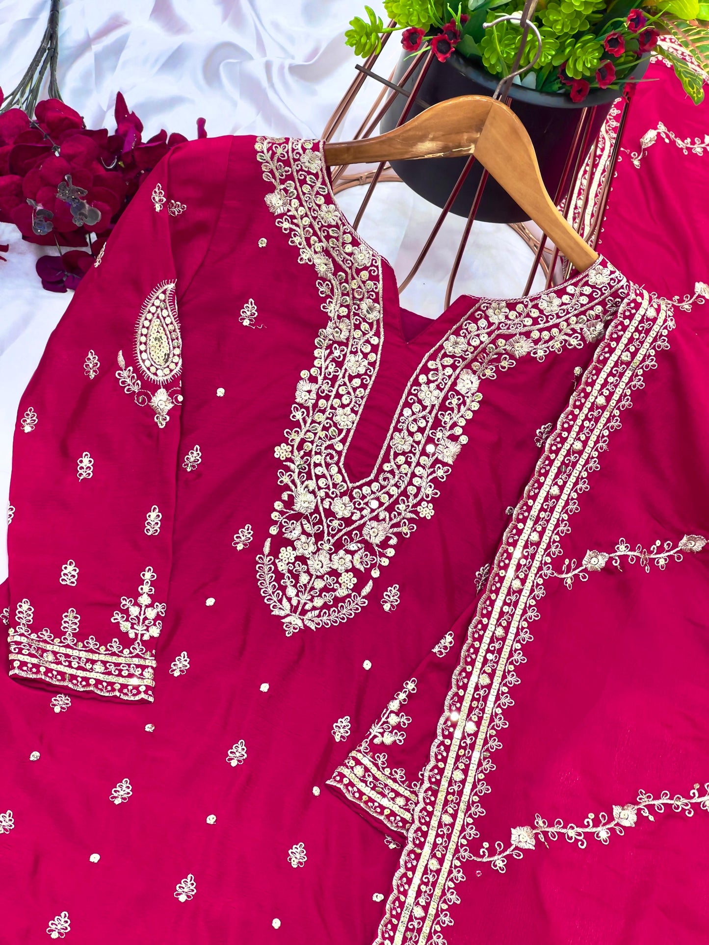 Pink Red Color Beautiful Plazo Suit In Chinon Fabric