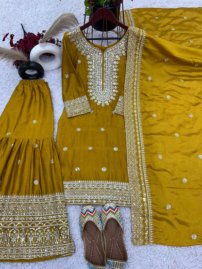 Yellow Color Chinon Silk Fabric Suit