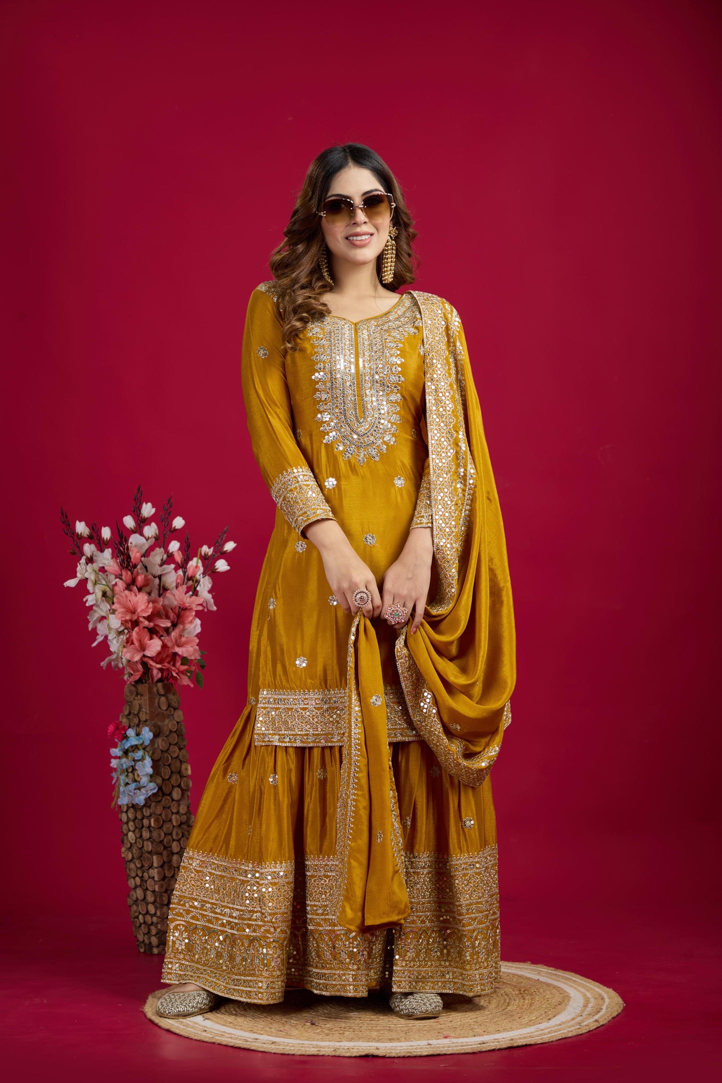 Yellow Color Chinon Silk Fabric Suit