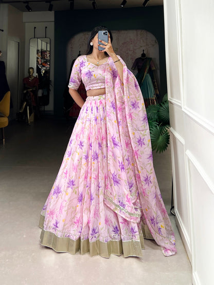 Beautiful Flower Prints Lehenga. Choli In Pink Color In tabby silk fabric