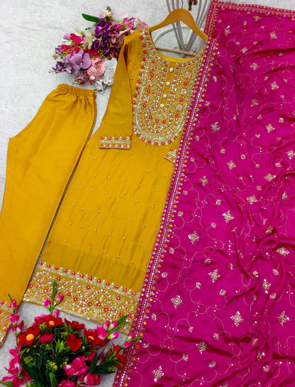 Fancy Suit For Haldi Function in Chinon Fabric