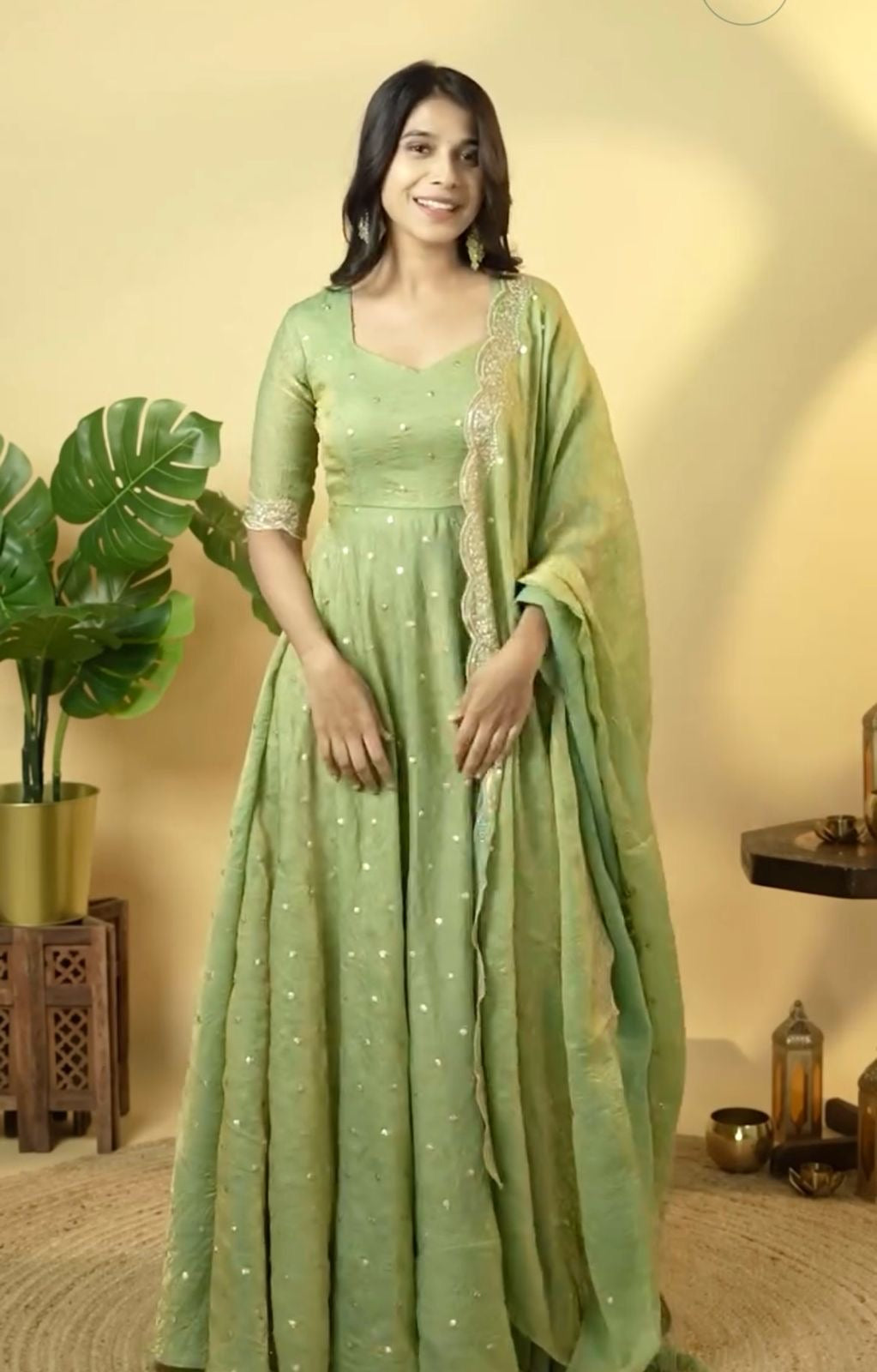 Green Color Beautiful Crush Silk Gown