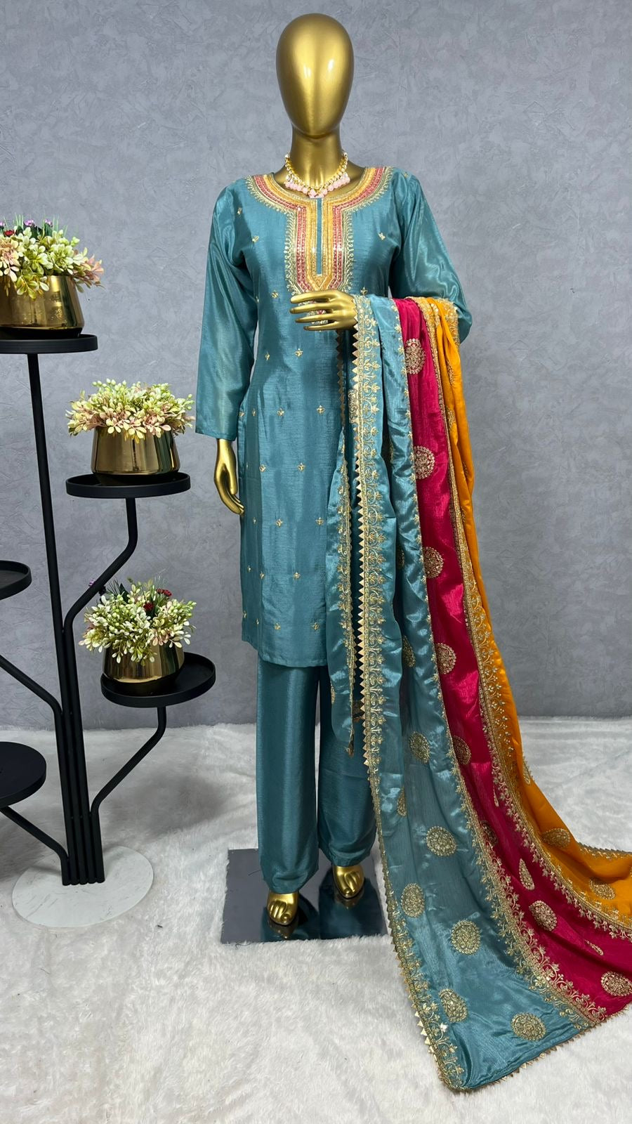 Blue Color Beautiful Partywear Suit In Chinon Fabric