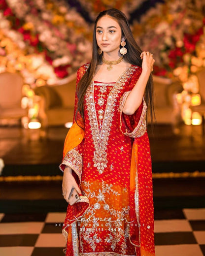 Beautiful Red Orange Color Georgette Fancy Suit