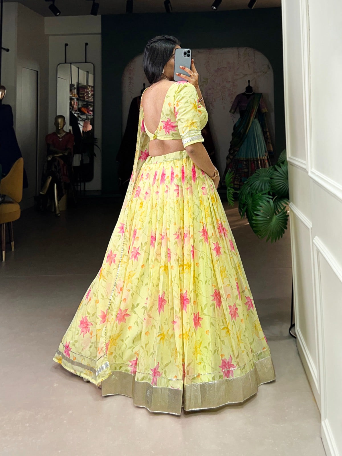 Beautiful Flower Prints Lehenga. Choli In yellow Color In tabby silk fabric