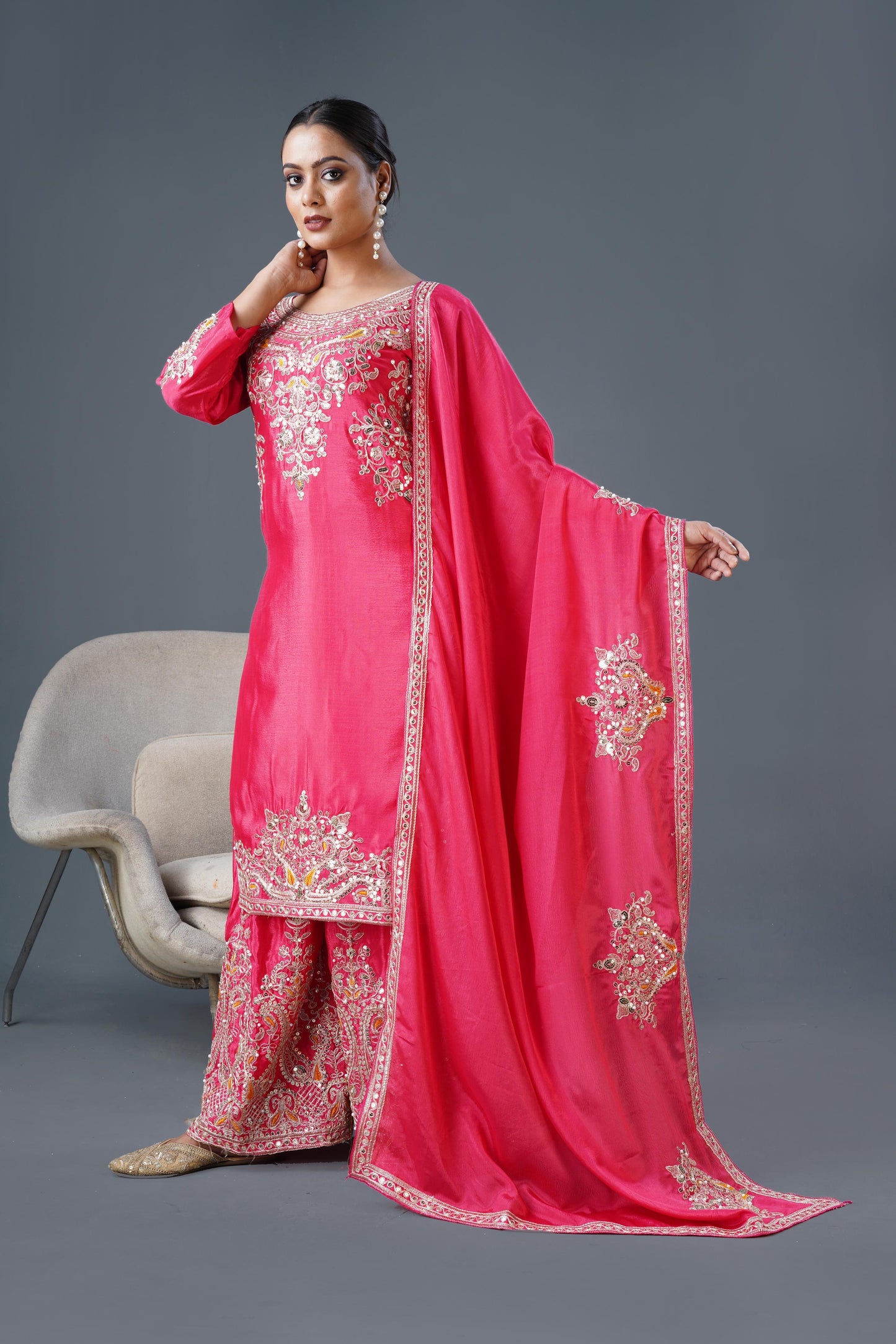 Pink Red Color Partywear Dress in Chinon Fabric Readymade Suit