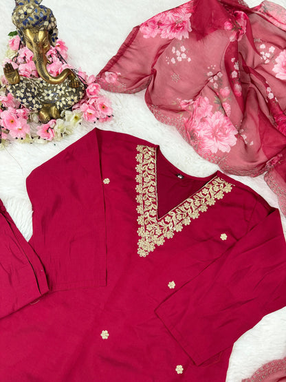 Pink Red Color Beautiful Chanderi Silk Suit