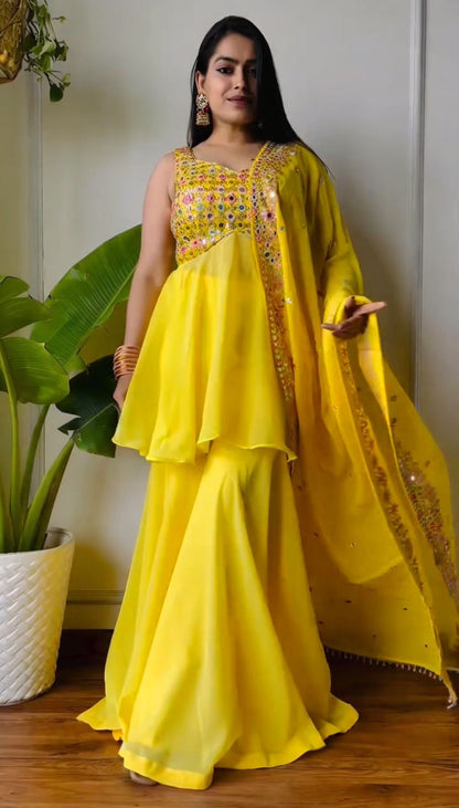 Yellow Color Beautiful Georgette Fabric PLazo Suit