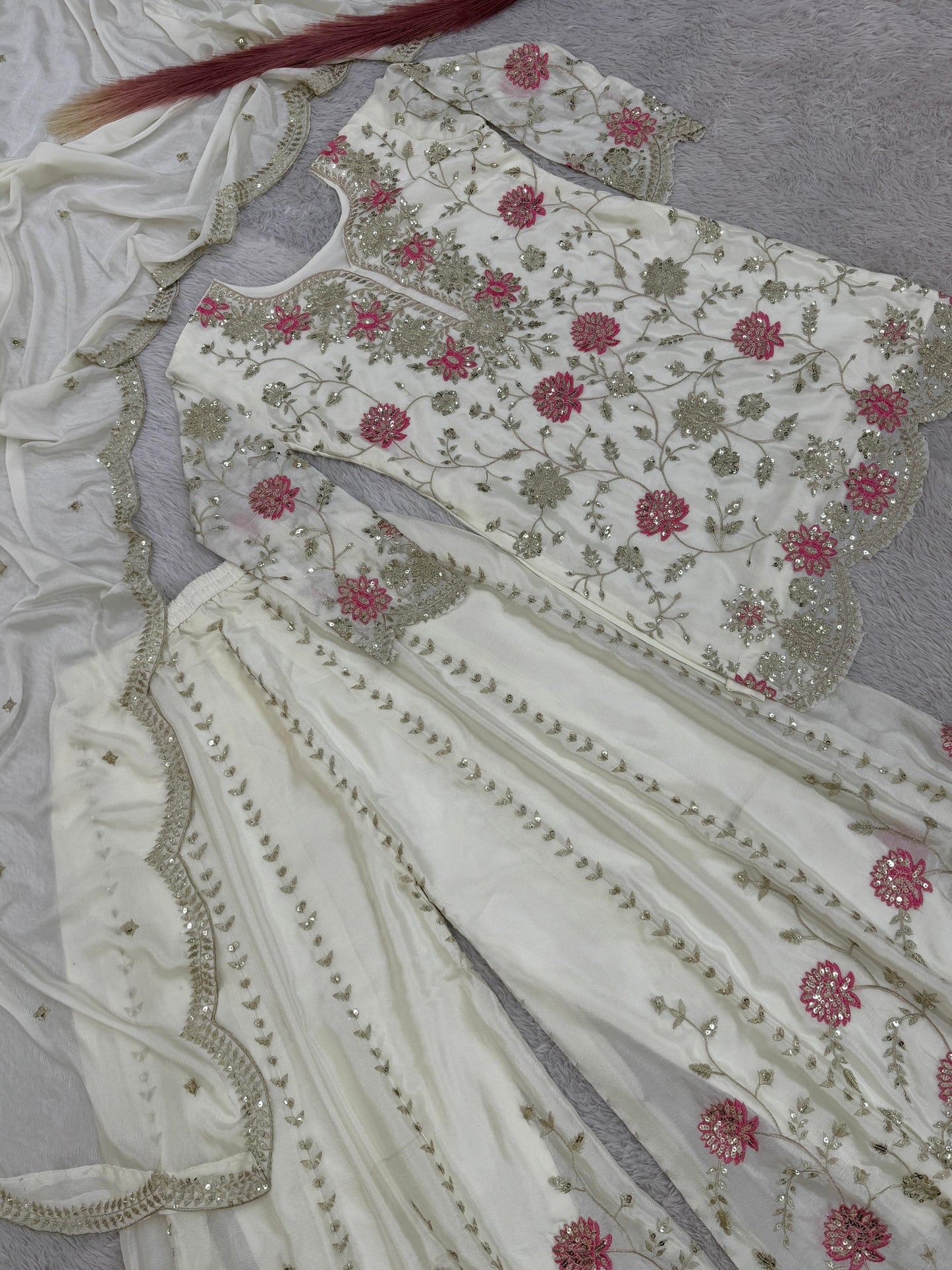 White Color Beautiful Plazo Suit In Chinon FAbric