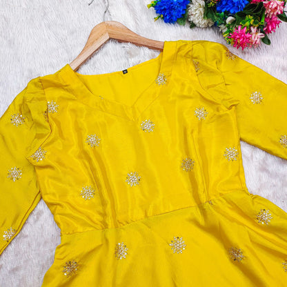 Beautiful Anarkali Gown in Chinon Fabric For Daily Wear Use in Yellow Color