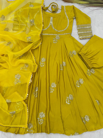 Beautiful Yellow Color Anarakli Gown Chinon Fabric