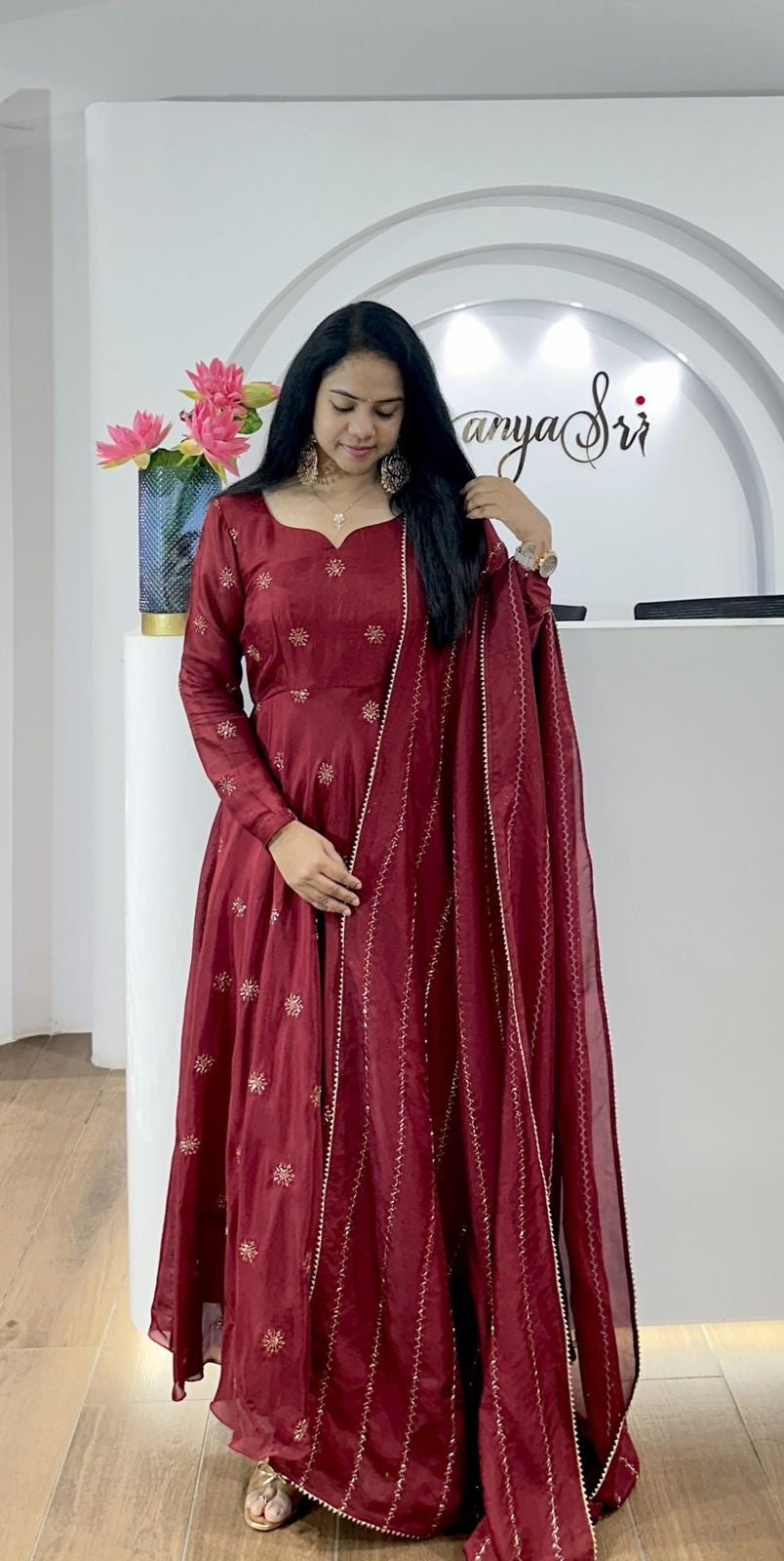 Beautiful Anarkali Gown in Chinon Fabric For Daily Wear Use in Maroon Color