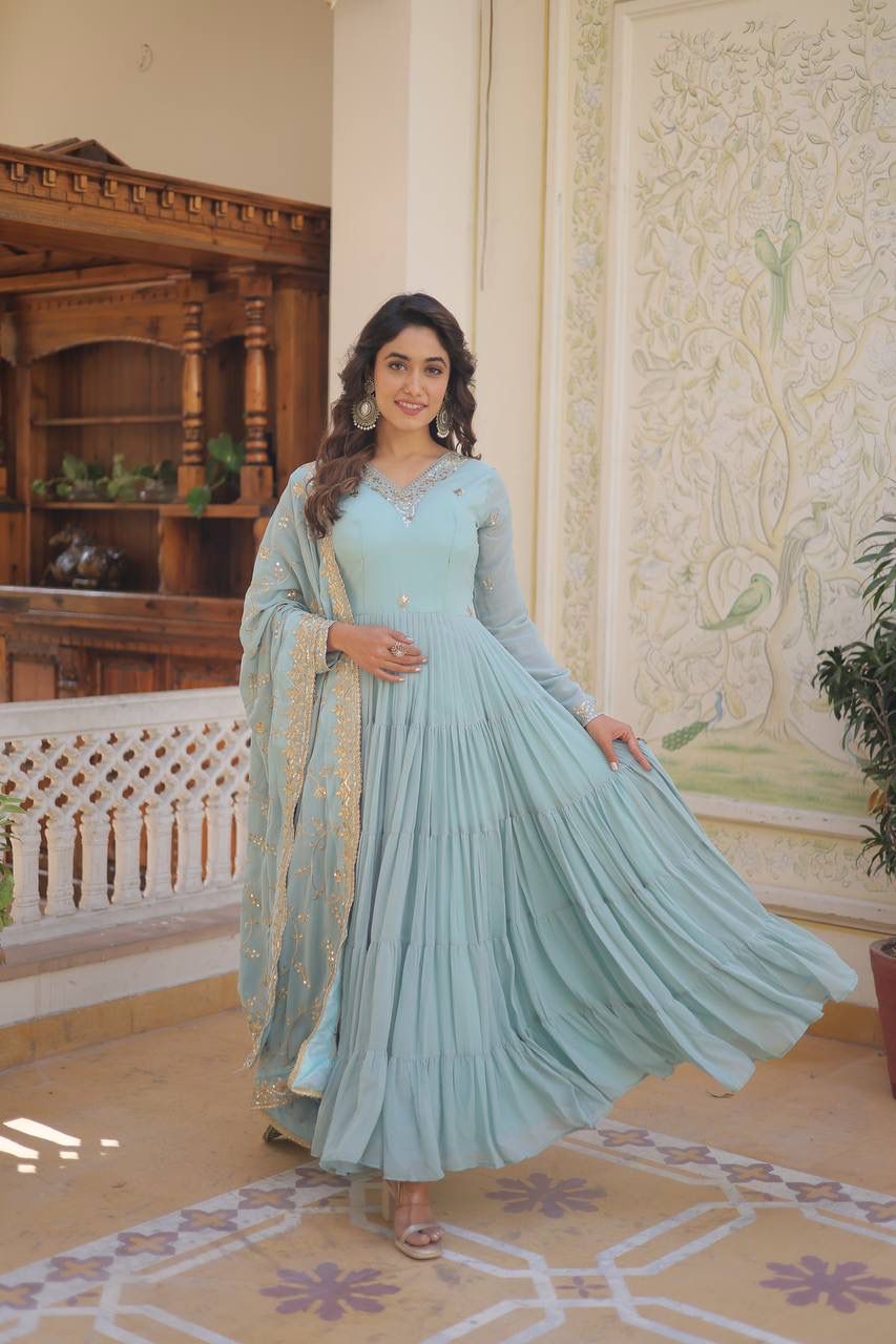 Sky Blue Color Beautiful Anarakli Gown Buy it now